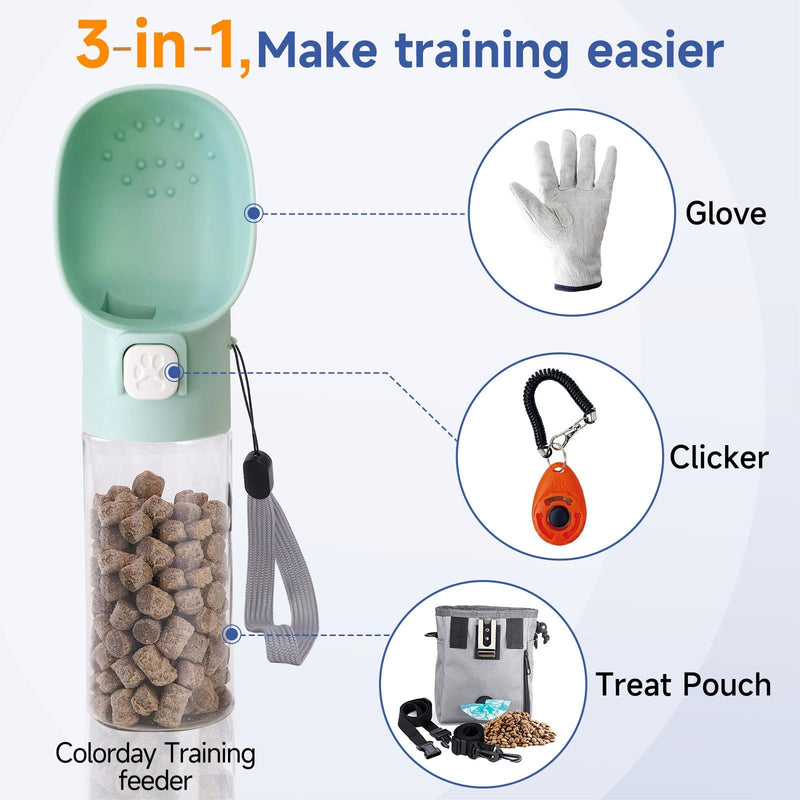 Handheld Dog Food & Treat Dispenser Built-in Clicker & Treat Pouch, Handy Feeder for Puppy Training Walking Hiking Traveling (10 OZ, Green) 10 OZ - PawsPlanet Australia