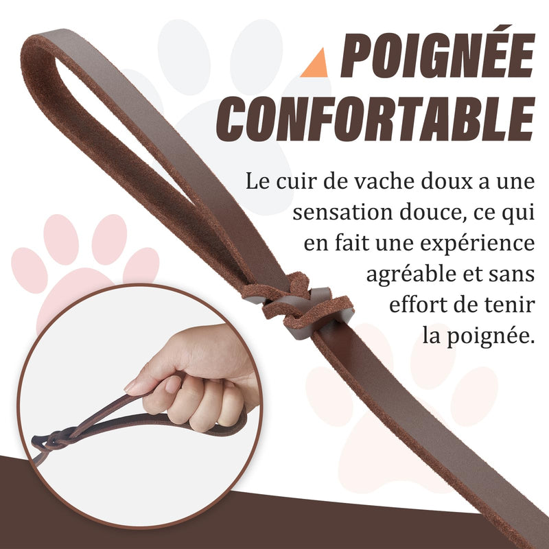 Short Leather Dog Leash 2.5ft/61cm Genuine Leather Dog Lead with Soft Handle Dog Leash for Walking & Training Strong and Durable for Small Medium Dogs, Brown
