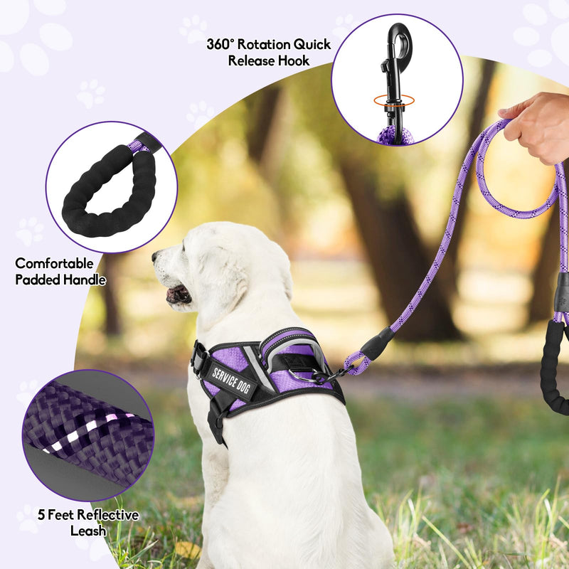 Service Dog Vest Harness and Leash Set, Animire in Training Dog Harness with 10 Dog Patches, Reflective Dog Leash with Soft Padded Handle for Small, Medium, Large, and Extra-Large Dogs (Purple, M) Purple - PawsPlanet Australia