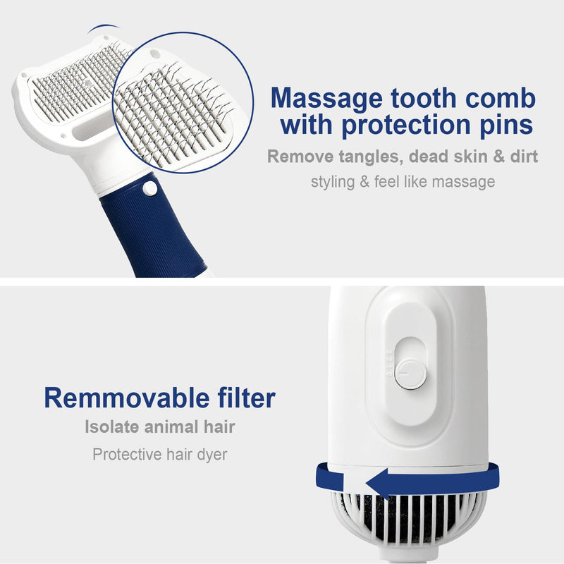 3-in-1 Dog Hair Dryer with Slicker Brush for Small and Medium-Sized Dogs and Cats Pet Hair Dryer Dog Blow Dryer Portable Overheat Protection Adjustable Temperature - PawsPlanet Australia