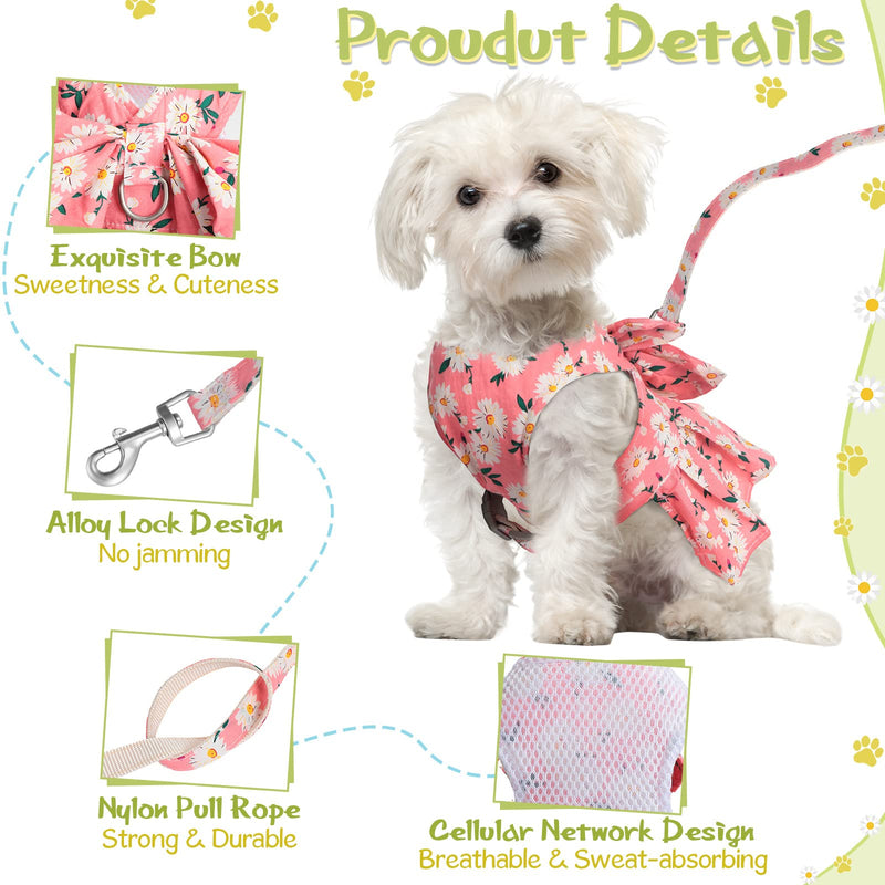Sanwuta 4 Pack Harness Dog Dress Bowknot Leash Set Floral Princess Dog Harness Dress Vest with Leash Pet Doggy Outfits for Outdoor Walking, 4 Colors(Medium) Medium - PawsPlanet Australia