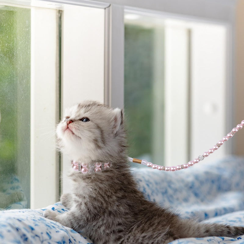Pearl Dog Leash and Collar,Dog Cat Pearl Collar Leash Set Adjustable Dog Leather Pearls Collars with Rhinestone for Small Dogs Cats Puppy XS(Pink) - PawsPlanet Australia