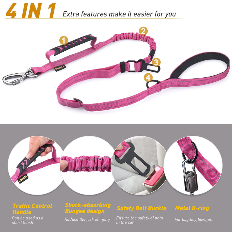 Heavy Duty Dog Leash, Reflective Dog Leashes with Car Seat Belt and Soft Padded Handle, 4-6ft Strong Dog Leash for Training, No Pull Bungee Dog Leash for Large Medium Dogs, Pink M-L