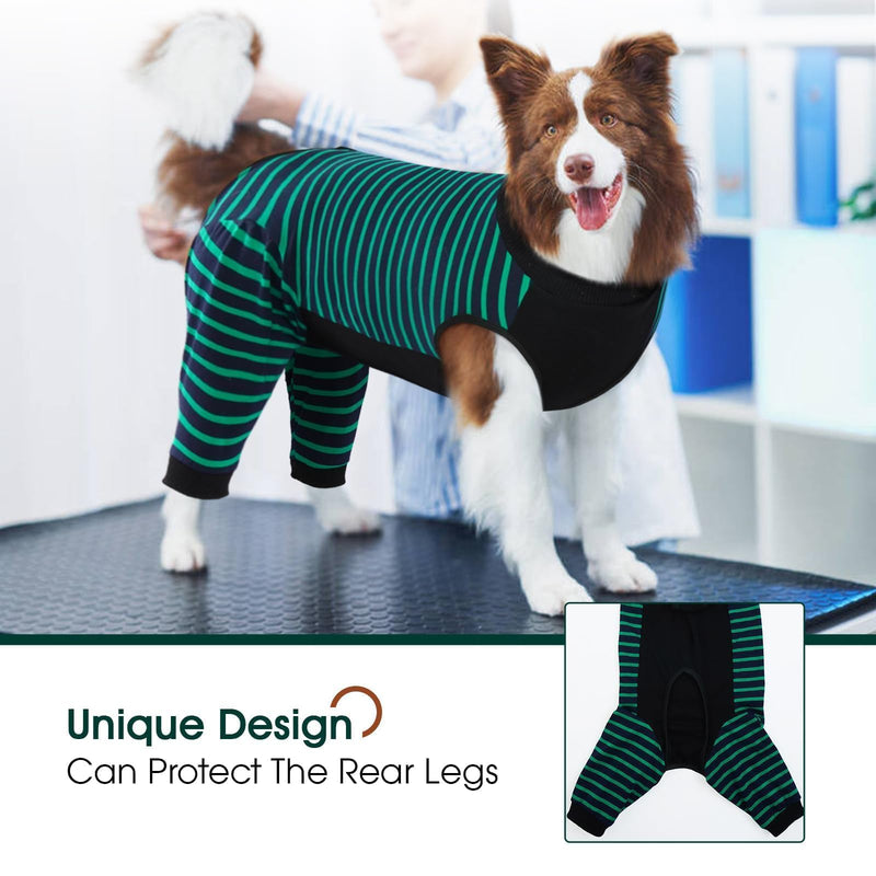 Kuoser Dog Recovery Suit, Anti Licking Dog Rear Leg Sleeve, Abdominal Dog Surgical Suit with Pants Cover Protect Wounds, Dog Elbow Protector Soft Dog Surgery Onesie Cone Alternative, Green XL X-Large (Back Length: 46CM / 18.11") Green Strips - PawsPlanet Australia