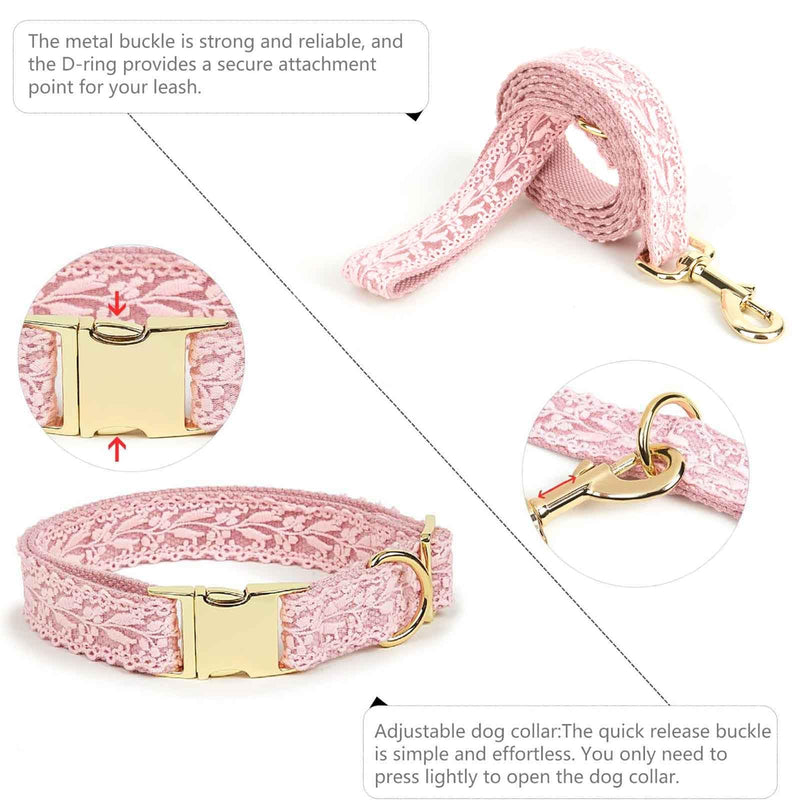 Pink Dog Collar Cotton Lace Handmade Embroidered Adjustable Dog Collar and Leash Set for Large Dogs with Rose Gold Metal Buckle & Fashion Flowers for Girl Dog Wedding Collar (Pink,S) Pink Small - PawsPlanet Australia