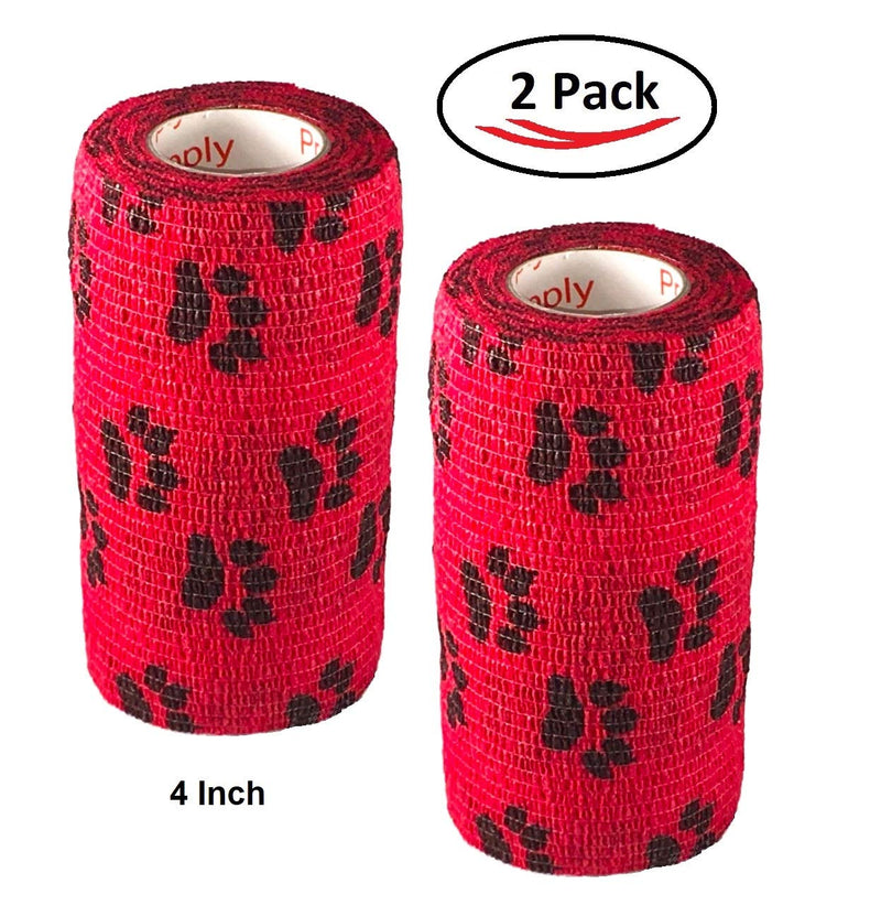 Vet Wrap Wrap Tape (Red with Paw Prints) (2 Pack) (3 Inch x 15 feet) Self Adhesive Adherent Adhering Cohesive Flex Self Stick Bandage Grip Roll Dog Cat Pet Horse 2 Rolls Red With Black Paws - PawsPlanet Australia