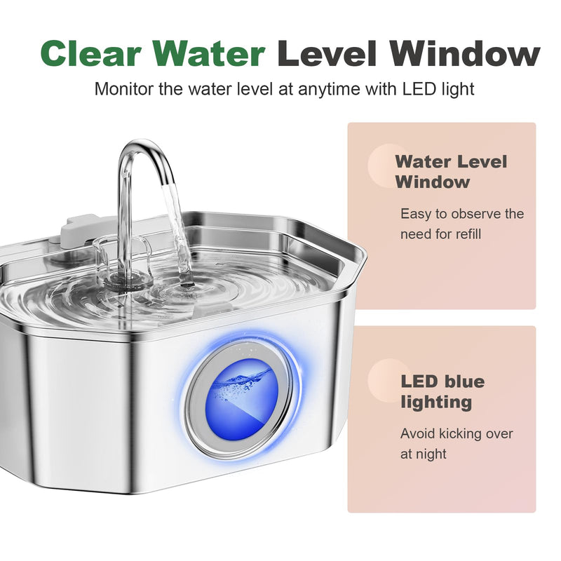 Cat Water Fountain Stainless Steel 108oz/3.2L, APAUK Automatic Pet Fountain Dog Water Dispenser with Water Level Window, Quiet Cat Fountain for Drinking, Inside with Replacement(4 Filters&4 Sponges) Cat Fountain 4 Filters + 4 Sponges - PawsPlanet Australia