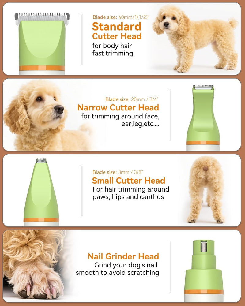 Unibono Dog Grooming Clipper Kit, Quiet Cordless Pet Clipper for Dogs & Cats, Silent Dog Cat Shaver for Paws, Claws, Eyes, Ears, Face with Grooming Scissors Comb, Green - PawsPlanet Australia