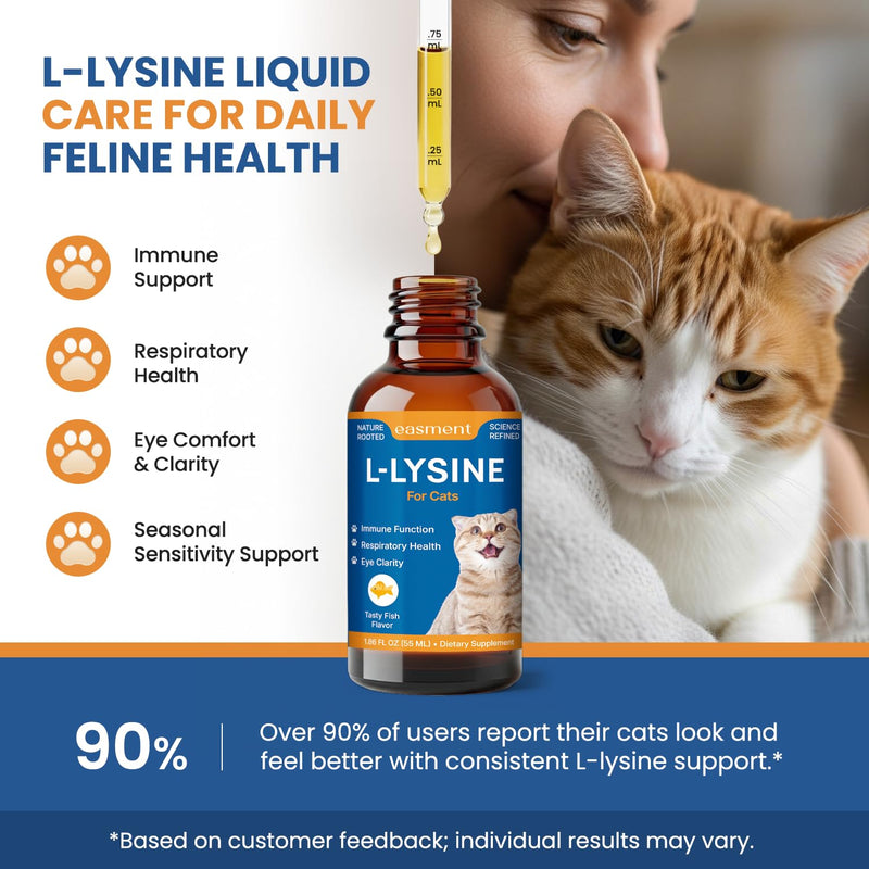 L-Lysine for Cats Liquid Drops Fish Flavor: Immune Support & Respiratory Wellness, Eye & Nose Comfort – Easy-to-Give Cat Lysine Supplement – with Botanical Blend + Vitamins A, B1 & B6 1.86 fl oz