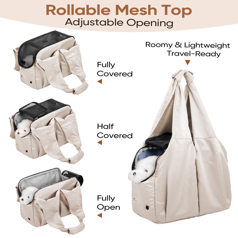 Dog Purse Carrier for Small Dogs, Cats, and Puppies – Soft-Sided Travel Pet Tote Bag with 4 Large Pockets, Foldable, Lightweight, Fits Pets up to 15 lbs, for Travel, Outings (Beige) Beige