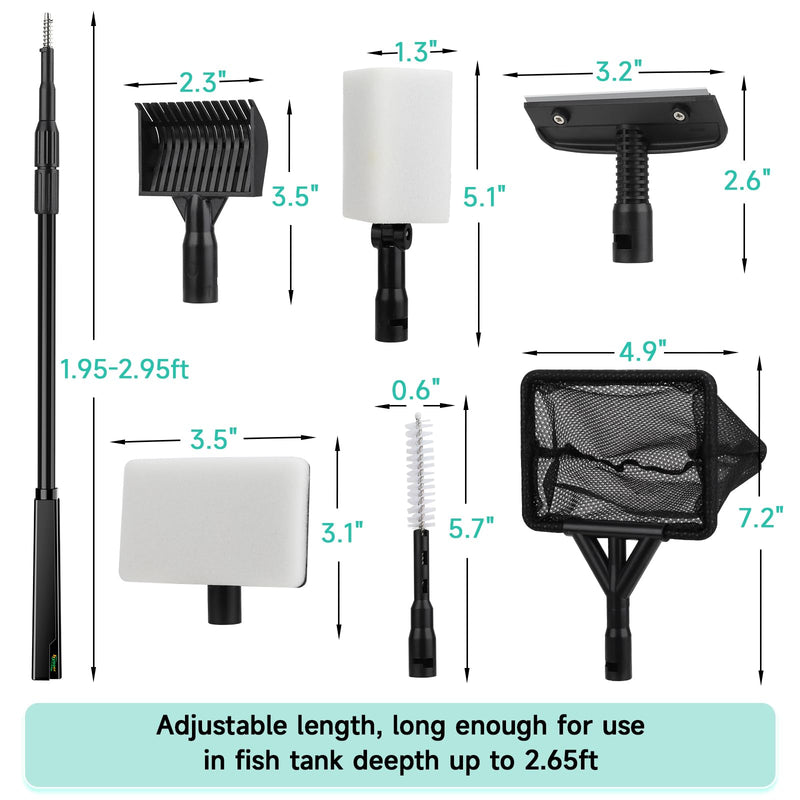 hygger 6-in-1 Aquarium Cleaning Tools, Multipurpose Fish Tank Cleaning Kit for 20-160 Gallon Tank with Telescopic Long Handle,6 Clean Heads