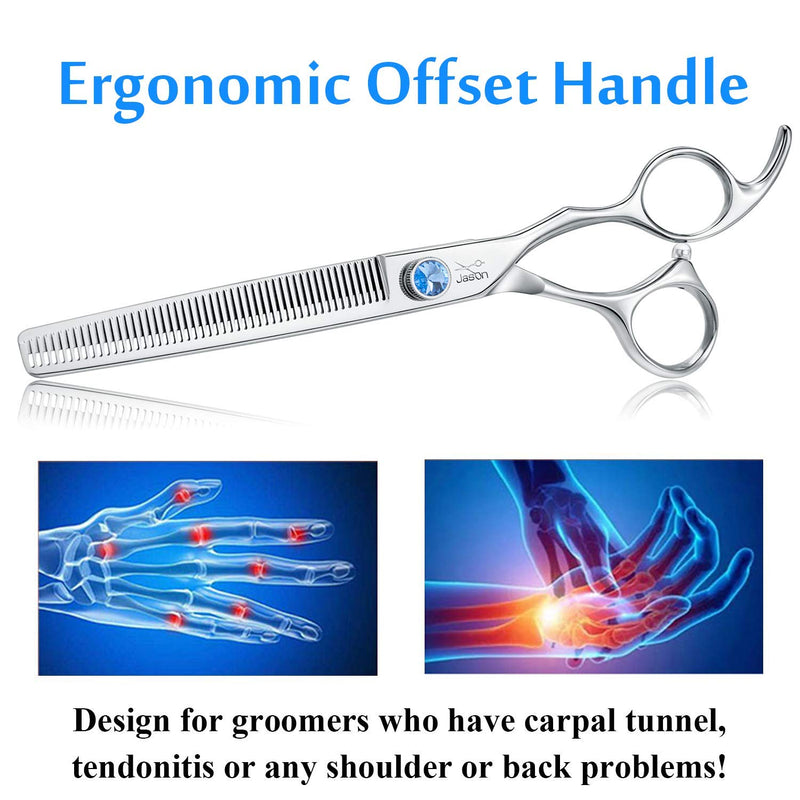 JASON 7" 50 Teeth Thinning Dog Grooming Blending Scissor, Ergonomic Pet Grooming Thinner Blender Shears Cat Trimming Texturizing Kit with Offset Handle and a Jewelled Screw, 30% Thinning Rate 7.0" - PawsPlanet Australia