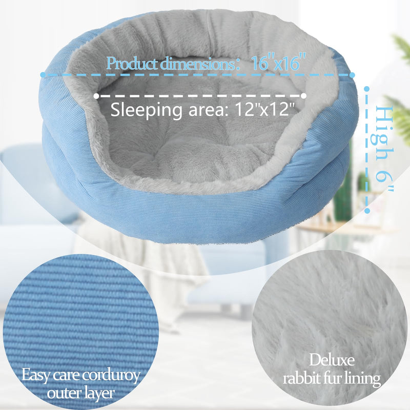 Puppy Bed for Small Dogs Washable Cat Bed,Donut Calming Blue Dog Sofa for Cute Small Kitten Anti Slip for Anxiety Pet Sleeping Couch Soft Sherpa Round Beds for Doggy and Kitty Fluffy Cushion,16 inch 16"L x 16"W x 6"Th - PawsPlanet Australia