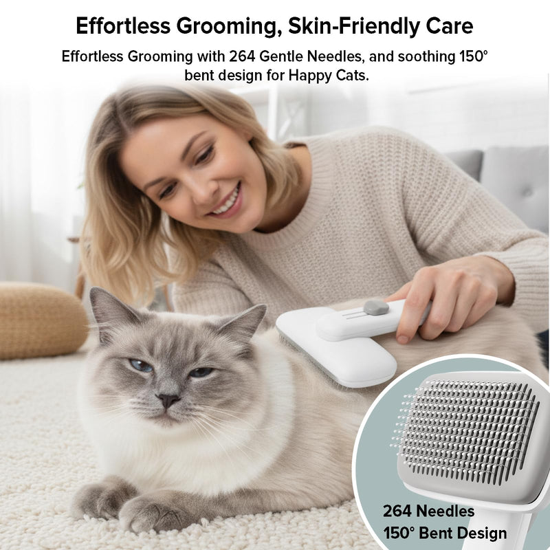 Cat Brush for Shedding, Industry-First Adjustable Cat Brushes for Indoor Cats, Self-Cleaning Slicker brush, 264 Skin-Friendly Needles for Long or Short Haired Dogs, Perfect for Deshedding & Massaging White