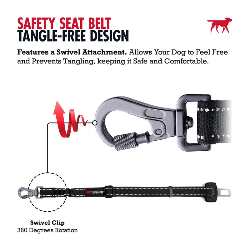 Tuff Pupper Dog Seat Belt | Adjustable Length Dog Seatbelt Restraint | Tangle-Free Locking Carabiner | Shock-Absorbing Bungee | Reflective Stitching for Visibility | Universal Fit for Cars & Trucks Black Seat Belt Attachment - PawsPlanet Australia