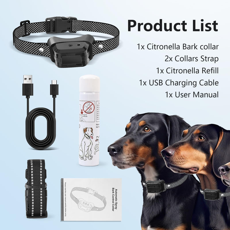 Citronella Dog Bark Collar, Anti Bark Collar with 3 Adjustable Spray & Sensitivity Level [1 Citronella Spray Refill] Automatic No Shock Dog Barking Collar for Small Medium Large Dogs, Gray Black