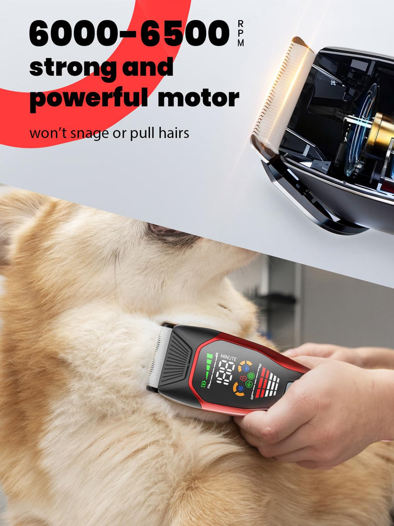 Professional Dog Grooming Clippers for Thick Heavy Coats,Type-C Rechargeable 2-Speed Dog Clippers with Spotlight Digital Display,Waterproof Cat Clippers for Small & Large Animals (Red-Black) Red-black
