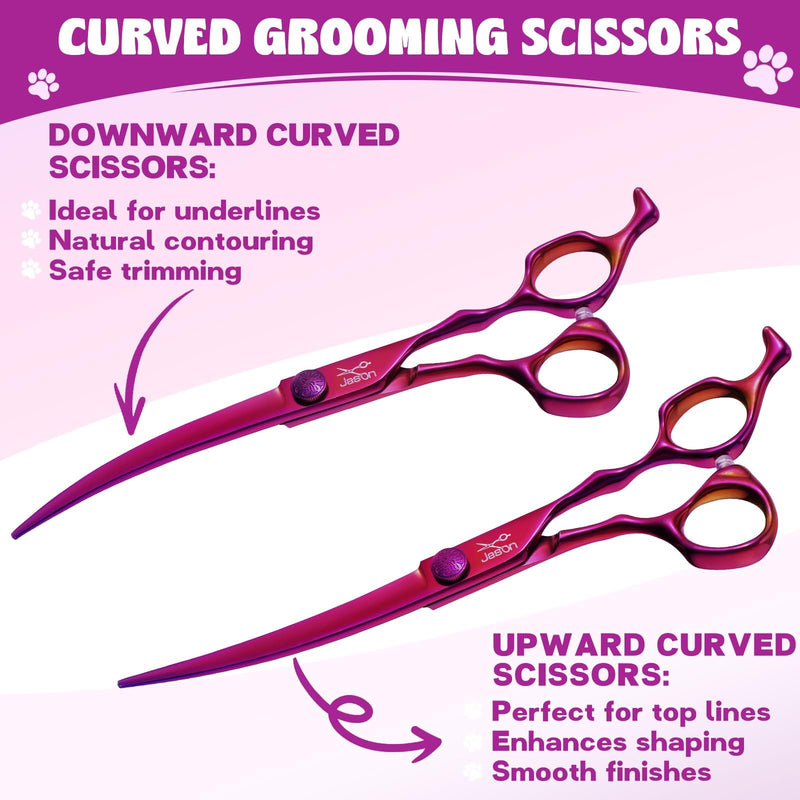 JASON Dog Grooming Scissors Set - Professional 6 in 1 Dog Shears Set - 7" Chunker, 7" Straight, 7" Up-Curved, 7" Down-curved Scissors and Comb for Cat Pet with Adjustable Screw Chunker Set - PawsPlanet Australia