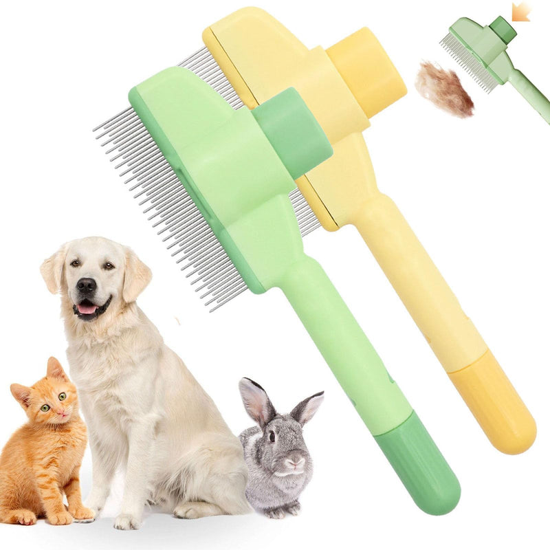 2PCS Pet Hair Removal Comb Flea Comb, Multifunctional Cat Brush with Release Button, Grooming Brush Supplies for Detangling Thinning and Shedding, All Hair Types (Green&Yellow)