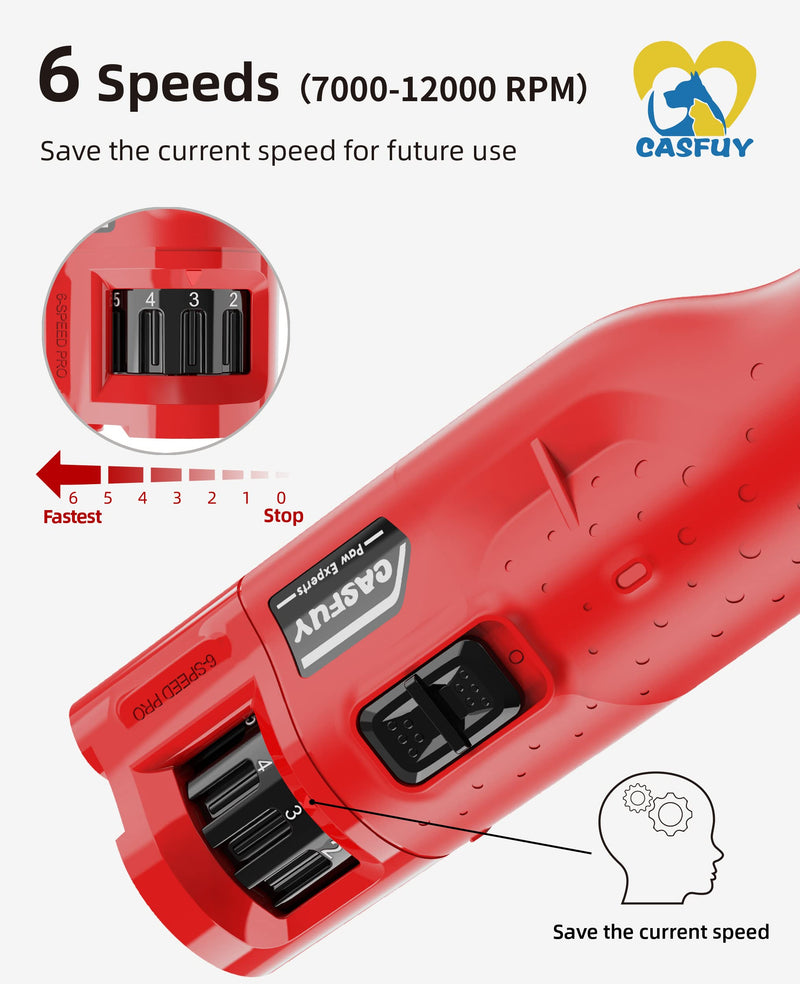 Casfuy Dog Nail Grinder Quiet - (45db) 6-Speed Pet Nail Grinder with 2 LED Lights for Large Medium Small Dogs/Cats, Professional 3 Ports Rechargeable Electric Dog Nail Trimmer with Dust Cap(Red) A-Red