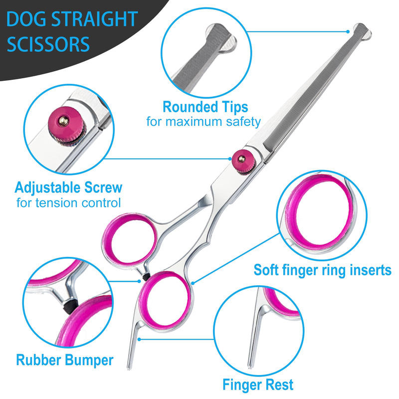 5 in 1 Premium Dog Grooming Scissors, Professional Dog Scissors for Grooming with Safety Round Tips, Lengnoyp Stainless Steel Thinning Shears, Pet Cat Shears for Grooming Kit, Pink Black - PawsPlanet Australia