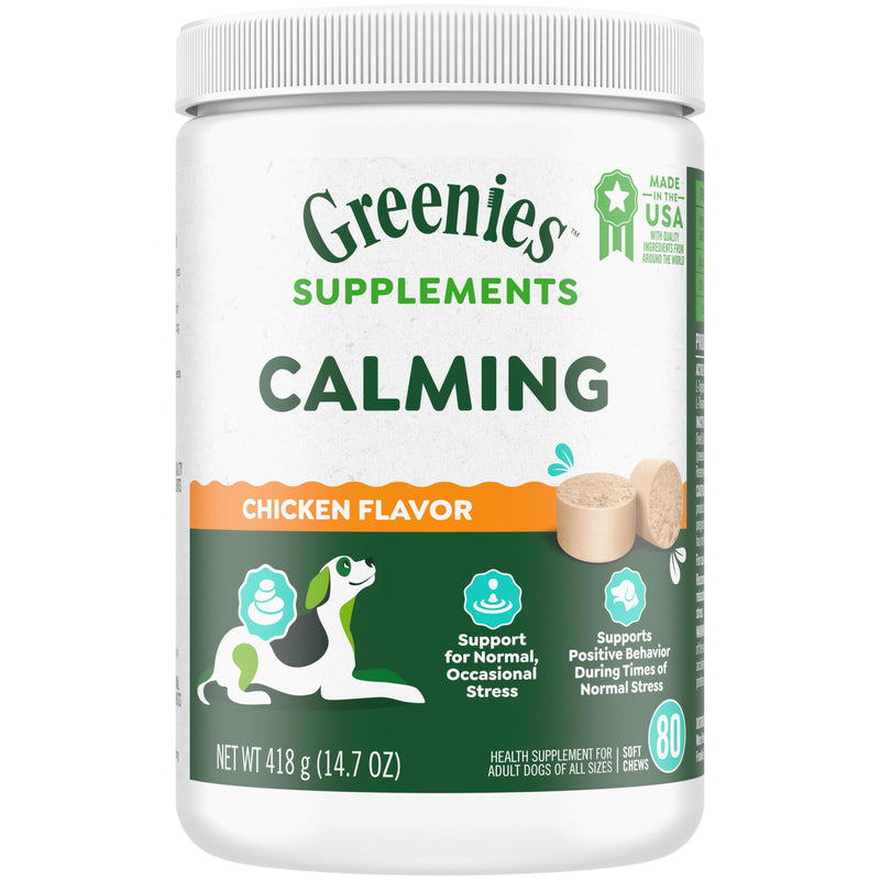 Greenies Supplements Calming Chews for Dogs Chicken Flavor, 80 Count Soft Chews Dog Calming Supplements, 4.7 oz Container - PawsPlanet Australia