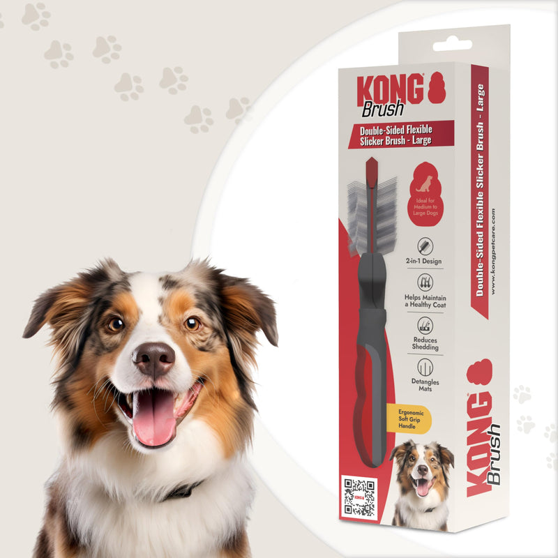KONG Double-Sided Flexible Slicker Brush – De-Shedding & Detangling Tool, Padded Grip, Long Metal Pins, Flexible Head, for Medium to Large Dogs with Medium to Long Coats, Red/Gray - PawsPlanet Australia