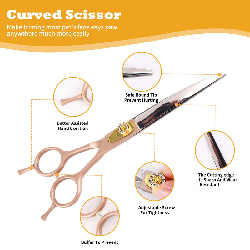 7 Inch Professional Dog Grooming Scissors Kit, 6-in-1 Grooming Scissors for Dogs, Pet Grooming Shears Set, Straight Scissor & Thinning Shear & Curved Scissor & Chunker Shear (Rose Gold) Rose Gold 4 pieces - Professional Kit - PawsPlanet Australia