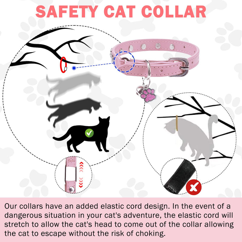 SCENEREAL Cat Collar with Bells, Leather Cat Collars with Paw Studded, Adjustable Pet Collars for Boy Girl Cats,Soft Cute Cat Collar for Kitty Puppy Small Big Cats, Pink