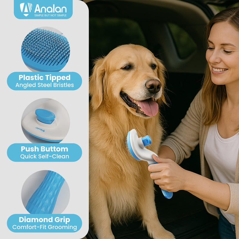 3 in 1 Analan Cat Brush Pet Hair Remover for Dog & Cat, Self-Cleaning Slicker Brush for Pet Grooming, Perfect Pet Hair Removal Tool for Furniture Carpets Couches and Bedding (Sky Blue) Sky Blue - PawsPlanet Australia