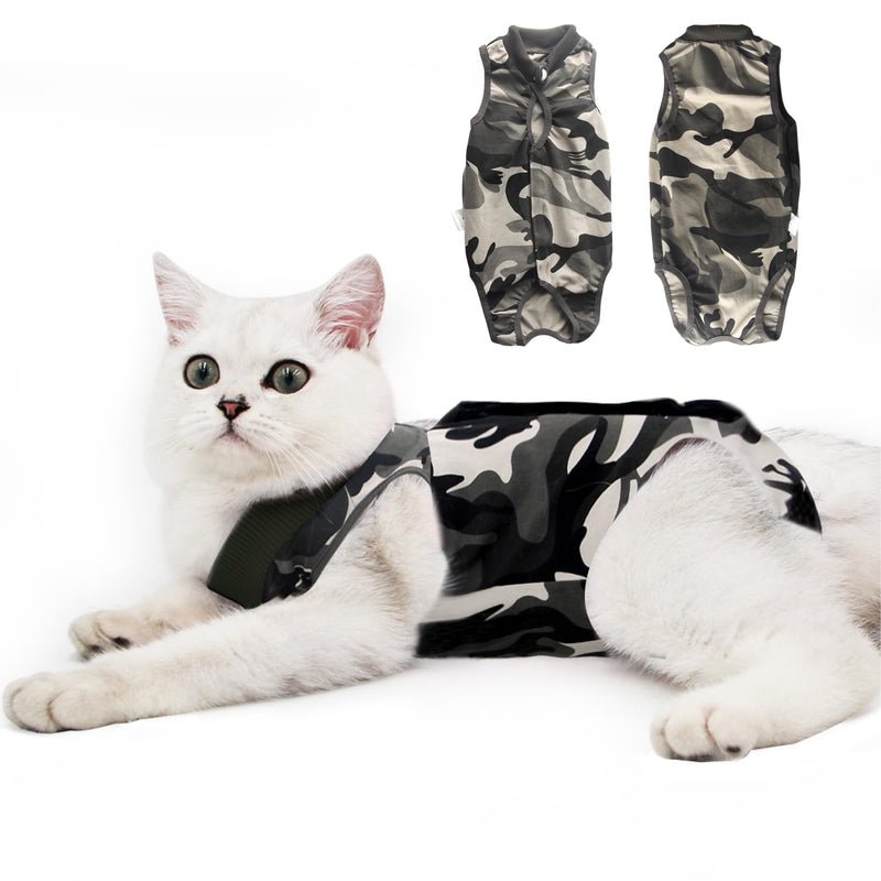 Cat Recovery Suit for Male and Female Surgical Post Surgery Soft Cone Onesie Shirt Clothes Neuter Licking Protective Diapers Outfit Cover Kitten Spay Collar(L, Camouflage) Large