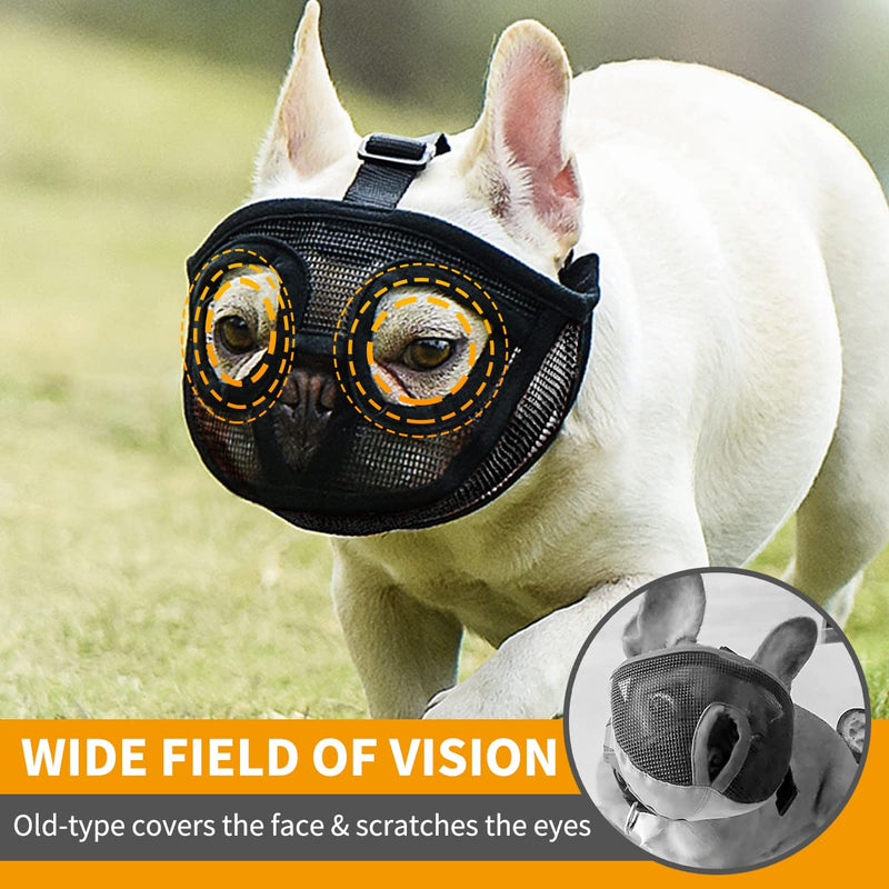 BARKLESS Short Snout Dog Muzzle, Breathable Mesh Flat Faced Muzzle for French Bulldog Shih Tzu and Pug,Mask Bulldog Muzzle for Biting Chewing Licking Black XXS (Head 7.5-12.5'')