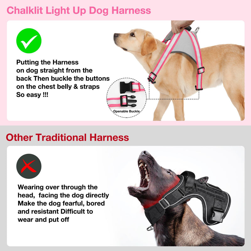 ChalkLit Light Up Dog Harness, No Pull Led Dog Harness Glow-in-The-Dark for Night Walking, USB Rechargeable Lighted Safety Vest for Medium Large Dogs, Adjustable Soft Mesh Fully Illuminated (Pink, M) Pink - PawsPlanet Australia