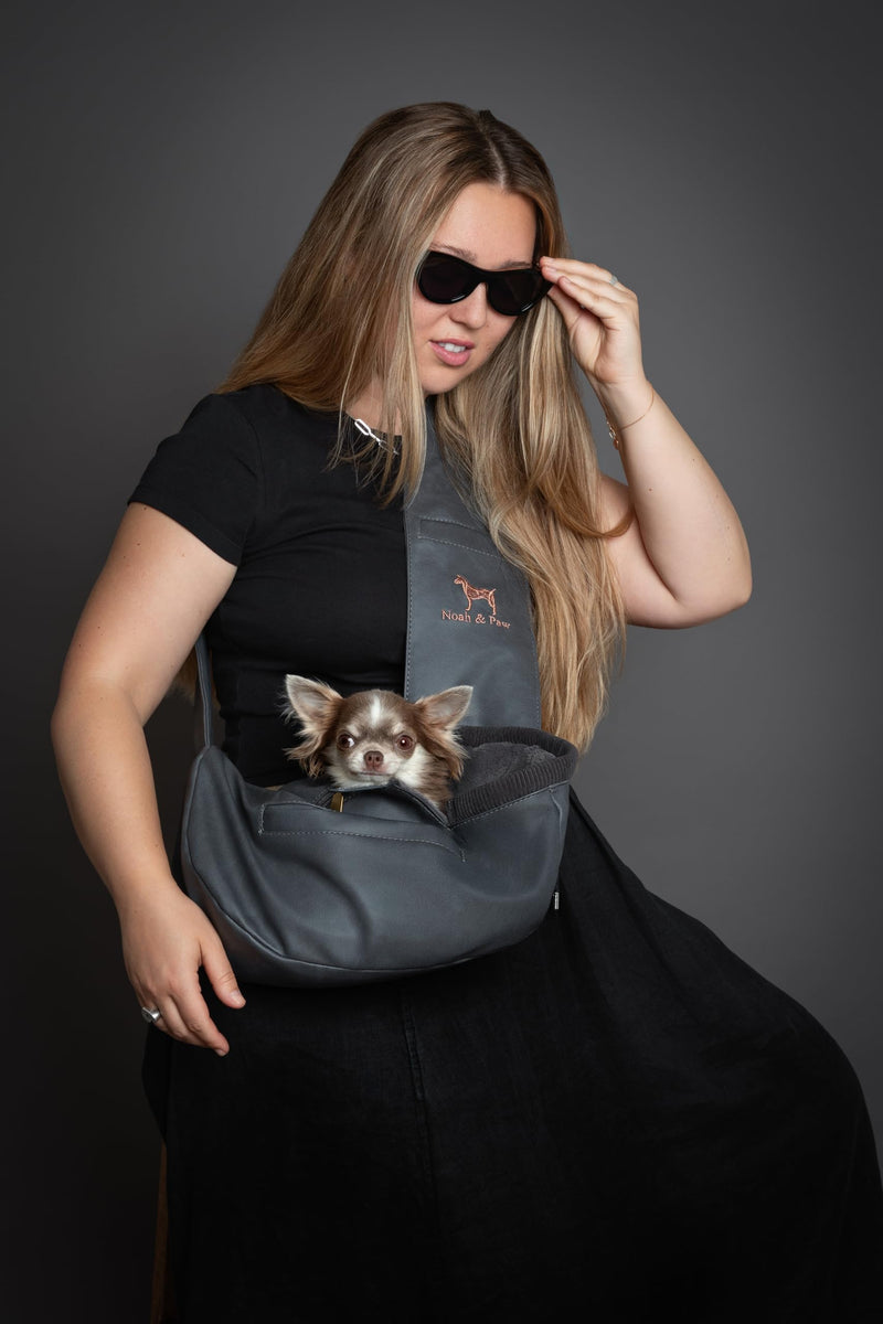Noah & Paw Dog Sling Carrier for Small Dogs 3-10lb, Dog Sling for Small Dogs and Cats, Dog Carrier with Adjustable Padded Strap, Vegan Leather Lined with Fur, 3x Safety Features, Machine Washable Charcoal 38 cm L x 15 cm W x 14 cm H