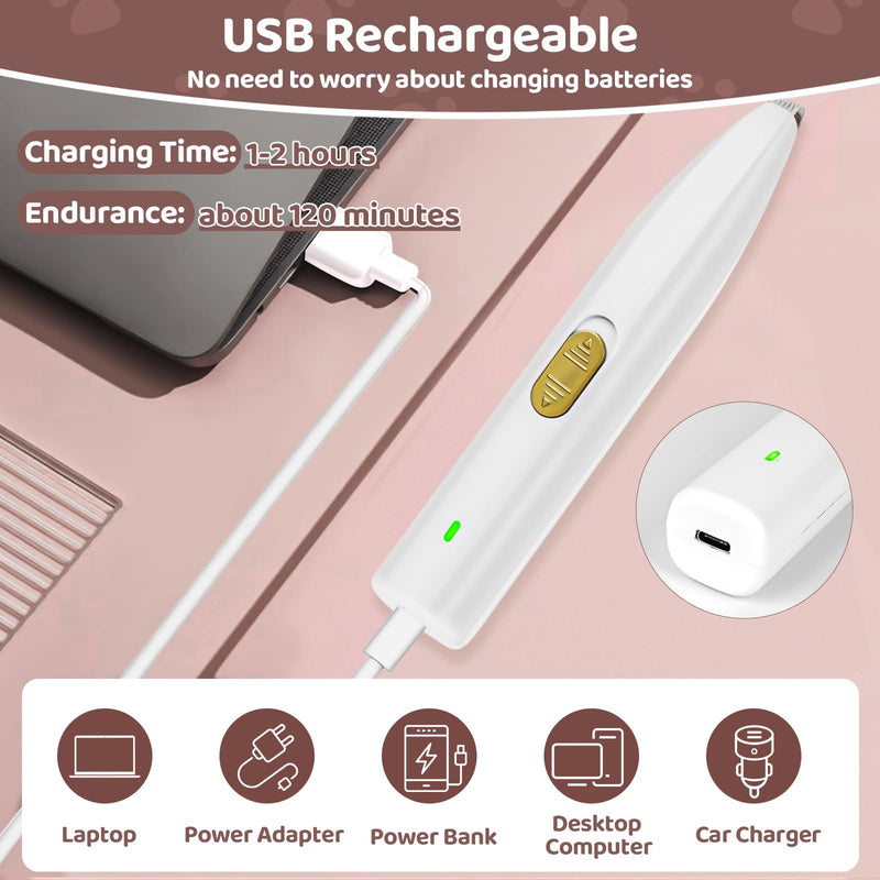USB Rechargeable Pet Paw Trimmer - Low Noise Dog Grooming Clippers for Small Areas Around Paws, Eyes, Ears, Face, Rump (White) - PawsPlanet Australia