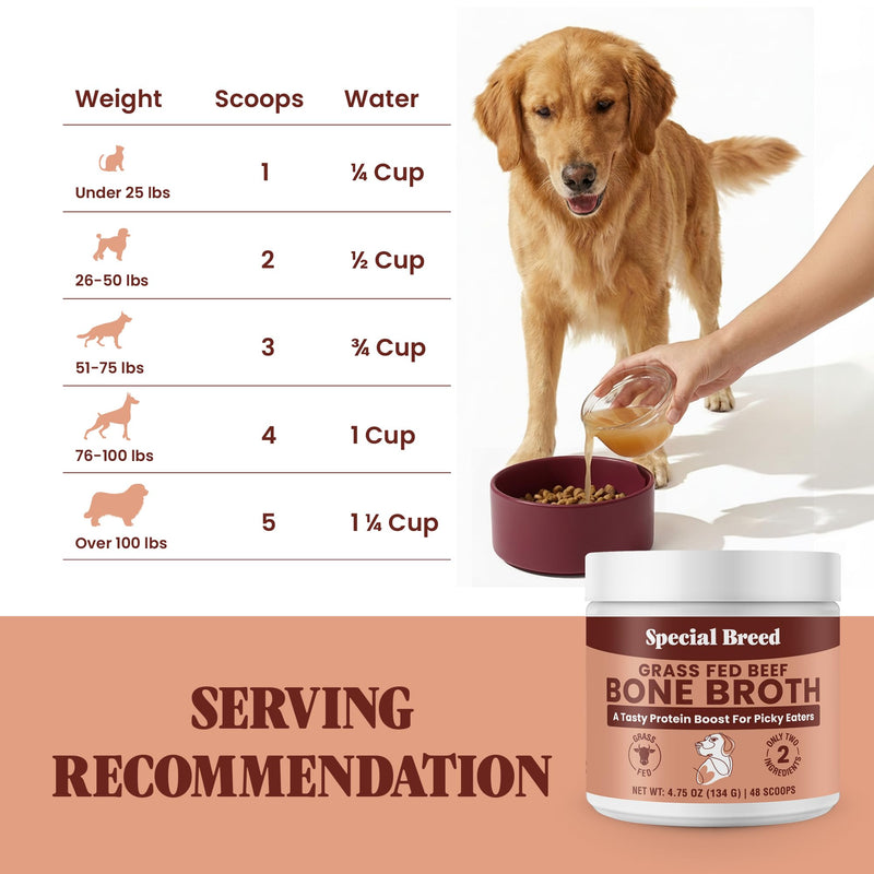 Bone Broth Powder for Dogs and Cats - Dog & Cat Food Topper for Picky Eaters - Grass Fed Beef Bone Broth Supplement - Supports Hydration, Joint, Immunity & Heart Health - Serve Dry or Wet - 4.75oz 4.75 Ounce (Pack of 1)