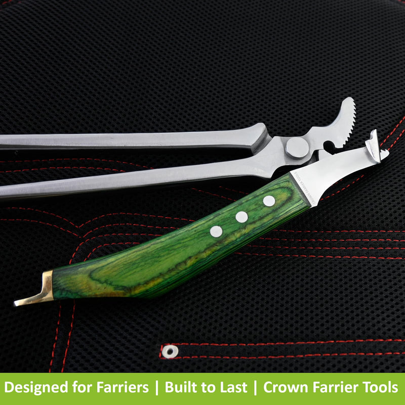 – Super Sharp Hoof Knife with Brass End | Precision-Sharpened Stainless Steel Blade & Wooden Handle | Pro Farrier Hoof Trimming Tool for Horses & Equine (Green, Left-Hand) Green