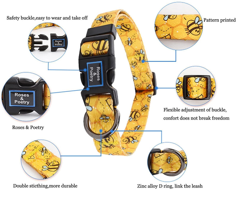 Roses&Poetry Dog Collar with Colourful Bee Patterns, Adjustable Durable Puppy Collars for Small Medium Large Dogs (Bee-XS) XS Golden