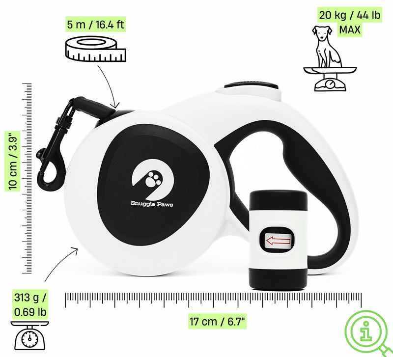 Snuggle Paws 16ft Retractable Dog Leash – All-in-One with LED Flashlight, Poop Bag Holder, Heavy Duty Chew-Proof Steel Cable & Reflective Tape – Compact, No-Tangle Leash for Small Dogs up to 44 lbs S | 16.4 ft | 44 lbs - PawsPlanet Australia