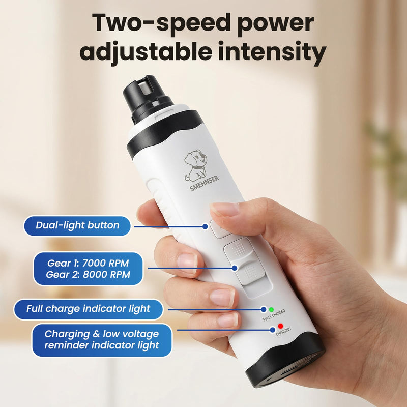 LED Pet Nail Grinder for Dogs and Cats, Rechargeable Electric Trimmer with 2 Grinding Wheels, Low Noise, White - PawsPlanet Australia