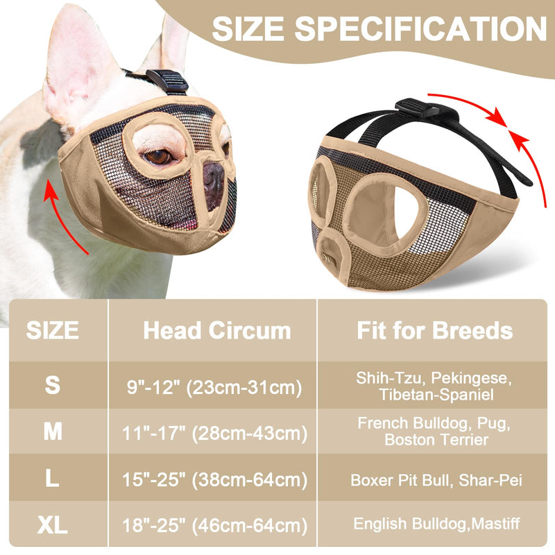 Short Snout Dog Muzzles- Adjustable Breathable Mesh Bulldog Muzzle for Biting Chewing Licking Training Grooming Dog Mask (Khaki, X-Large/ 18"-25") Khaki X-Large/ 18"-25" - PawsPlanet Australia