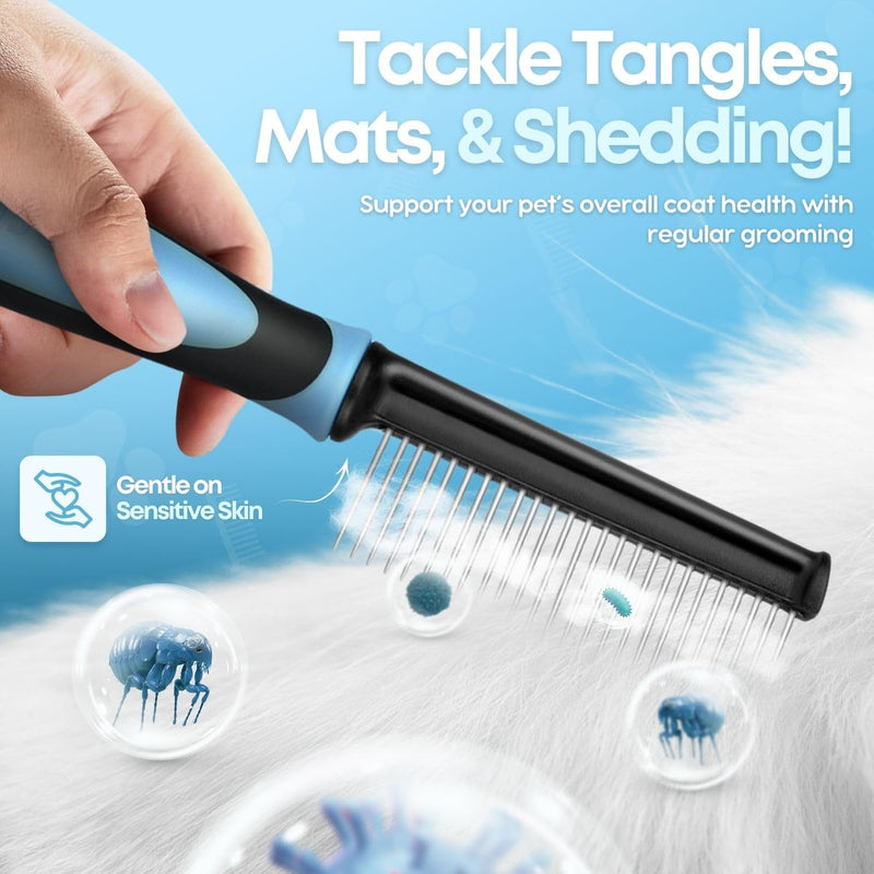 Flexzion Metal Pet Comb for Cats & Dogs - Sturdy Stainless Steel Rounded Teeth with Non-Slip Soft Grip Handle Easy to Use Grooming Detangling Cat Combs for Indoor Cats, Blue - PawsPlanet Australia
