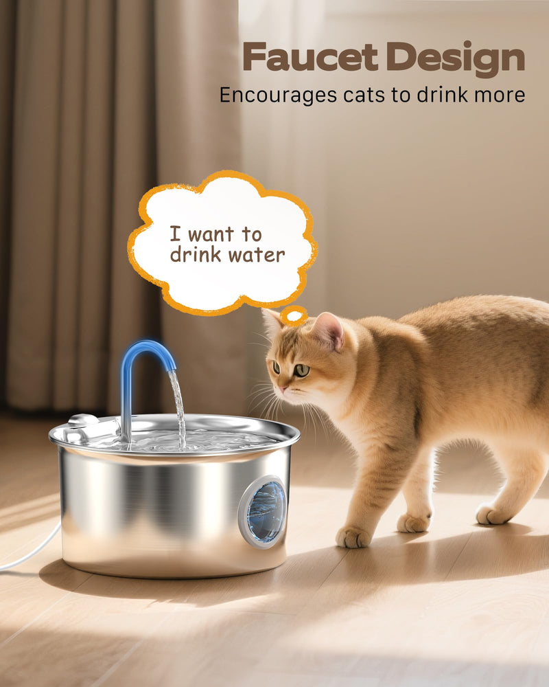 Stainless Steel Cat Water Fountain: Cat Fountain for Drinking - 88oz/2.6L Pet Water Fountain for Cats Inside- Silent Cats Water Bowl Dispenser - Kitty Drinking Fountains - 6 Filters + 3 Sponges Cat Fountain+6 Filters +3 Sponges - PawsPlanet Australia