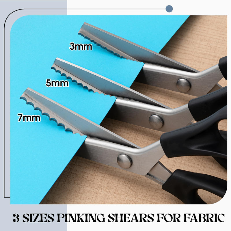 3 Sizes Pinking Shears for Crafting and Paper Cutting, 3mm, 5mm, 7mm Scalloped Scissors, 9.3'' Zig Zag Scissors Handheld Serrated Jagged Dressmaking Supply for Leather Fabric Craft Paper Black and White 3