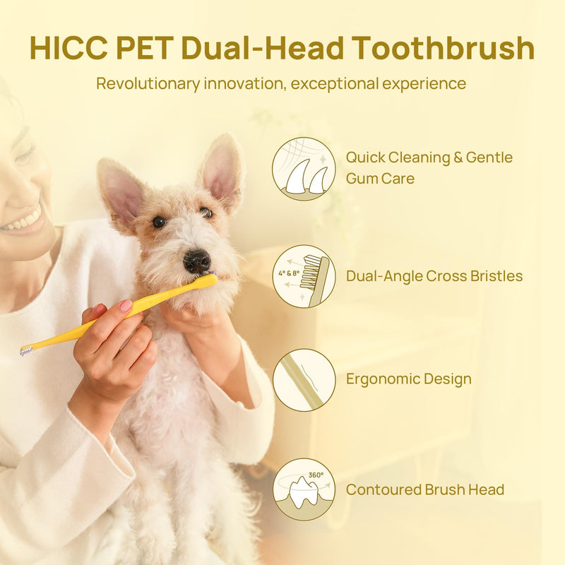 HICC PET Toothbrush for Cats & Small Dogs, Ergonomic Pet Toothbrush for Easy Teeth Cleaning, Gentle on Gums, Cat & Dog Dental Care, Improves Oral Hygiene, Toothpaste Not Included (Dual-Ended Yellow) Yellow Dual-head
