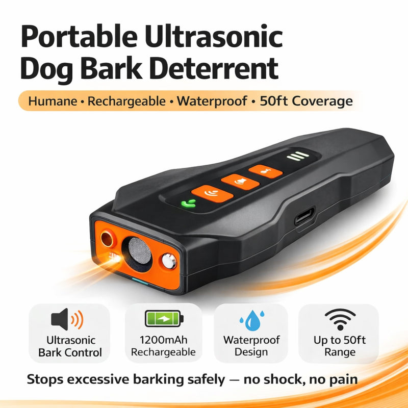 Dog Anti Barking Device - Portable Ultrasonic Dog Bark Deterrent with Rechargeable 1200mAh Battery, Waterproof, 50ft Coverage & 20-Hour Battery Life - Dog Barking Stopper Suitable for All Dogs Black/Orange