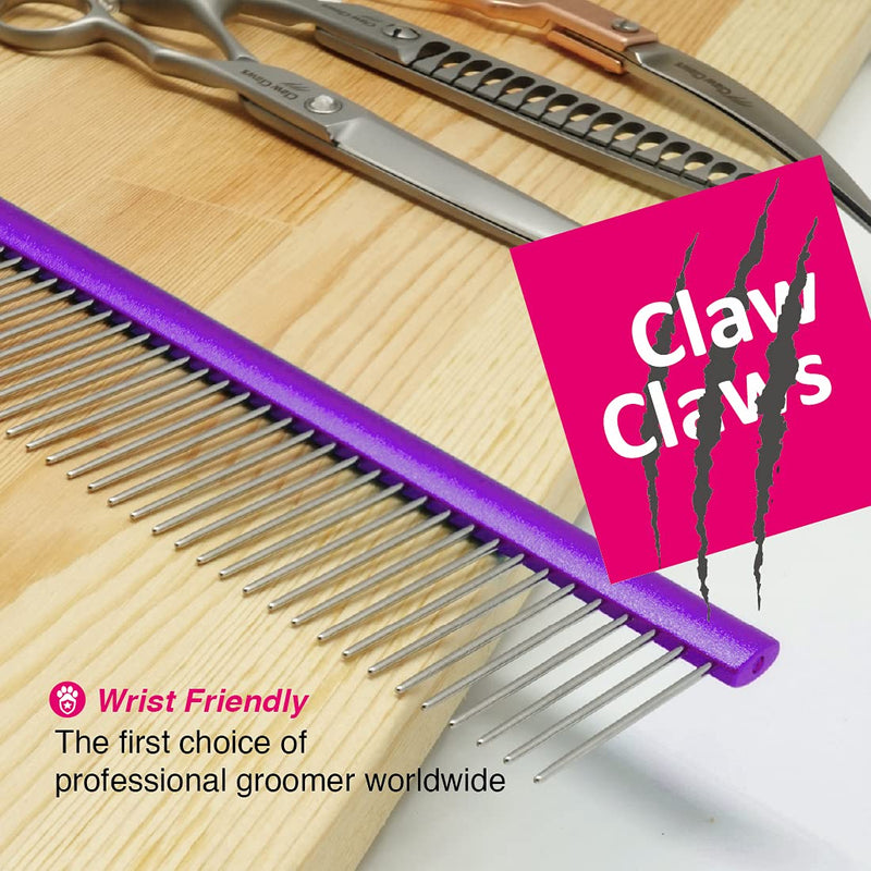 Claw Claws Greyhound Comb with Oval Handle for Dogs and Cats, Removing and Shedding Matted, Tangled Hair, Metal Comb with Stainless Steel Pins, Detangling Grooming Tool, Pet Comb (Purple-50% fine pins, Small) Purple-50% fine pins - PawsPlanet Australia