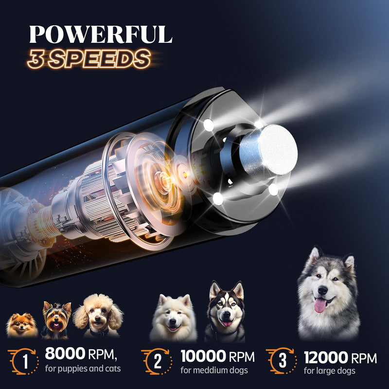 YABIFE 4-Lights Dog Nail Grinder, Easy Quick Locate Dog Nail Trimmers, for Puppy Paw Toenails or Pets from Small, Medium to Large, with Travel Lock, Whisper Quiet, Heavy Duty 3 Speeds D - Black - PawsPlanet Australia