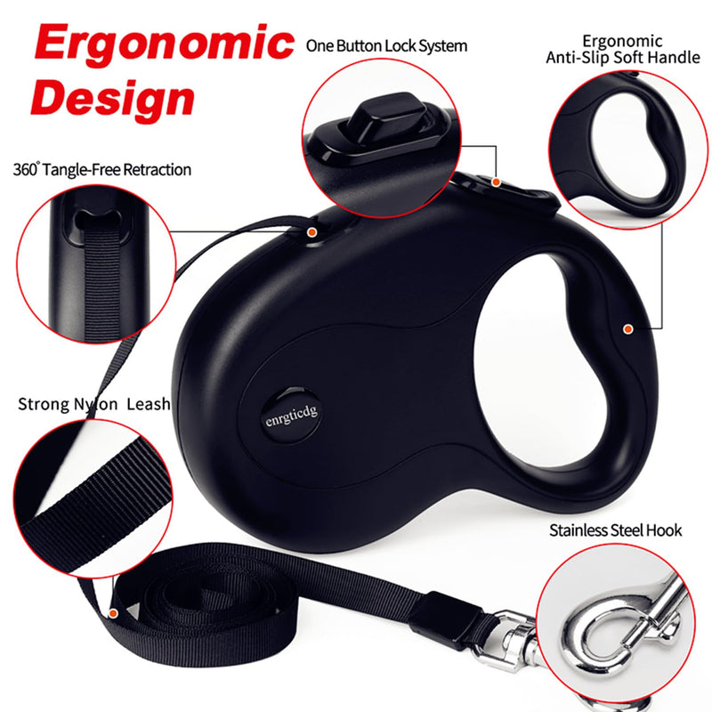 16Ft Retractable Dog Leash,Light Weight Leash for Small to Medium Dogs/Cats Up to 50lbs,Stainless Steel Spring Strong Nylon Tape, Tangle Free, One-Handed Brake (black) black - PawsPlanet Australia
