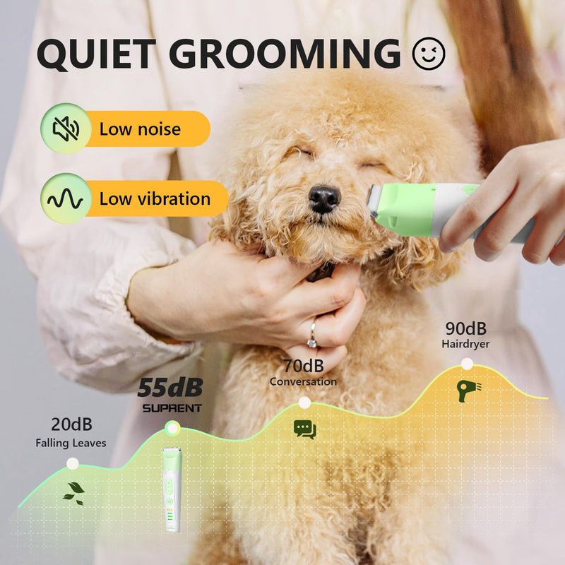 SUPRENT Dog Grooming Kit, 4 in 1 Quiet Pet Clippers for Grooming Supplies, Cordless Cat Paw Trimmer Dog Nail Grinder, Professional Long Hair Shaver Set for Cat Matted Hair and Small Dogs Thick Coats Green - PawsPlanet Australia